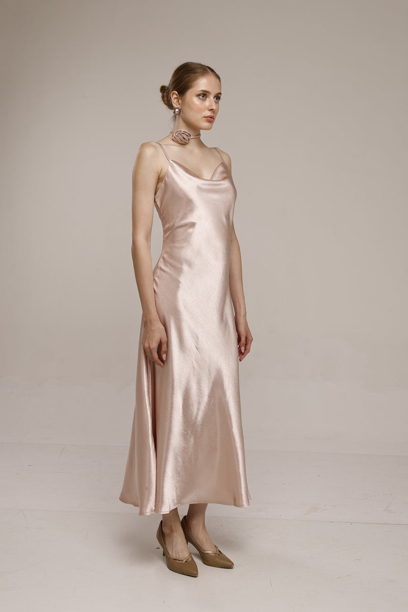 Boonne Fashions فستان ميدي ساتان وردي للنساء - Image 3